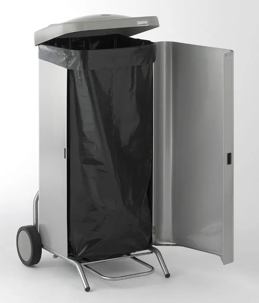 tournus-porte-sac-mobile-avec-habillage-inox-couvercle-a-pédale-pour-sacs-100-litres-ouvert.webp