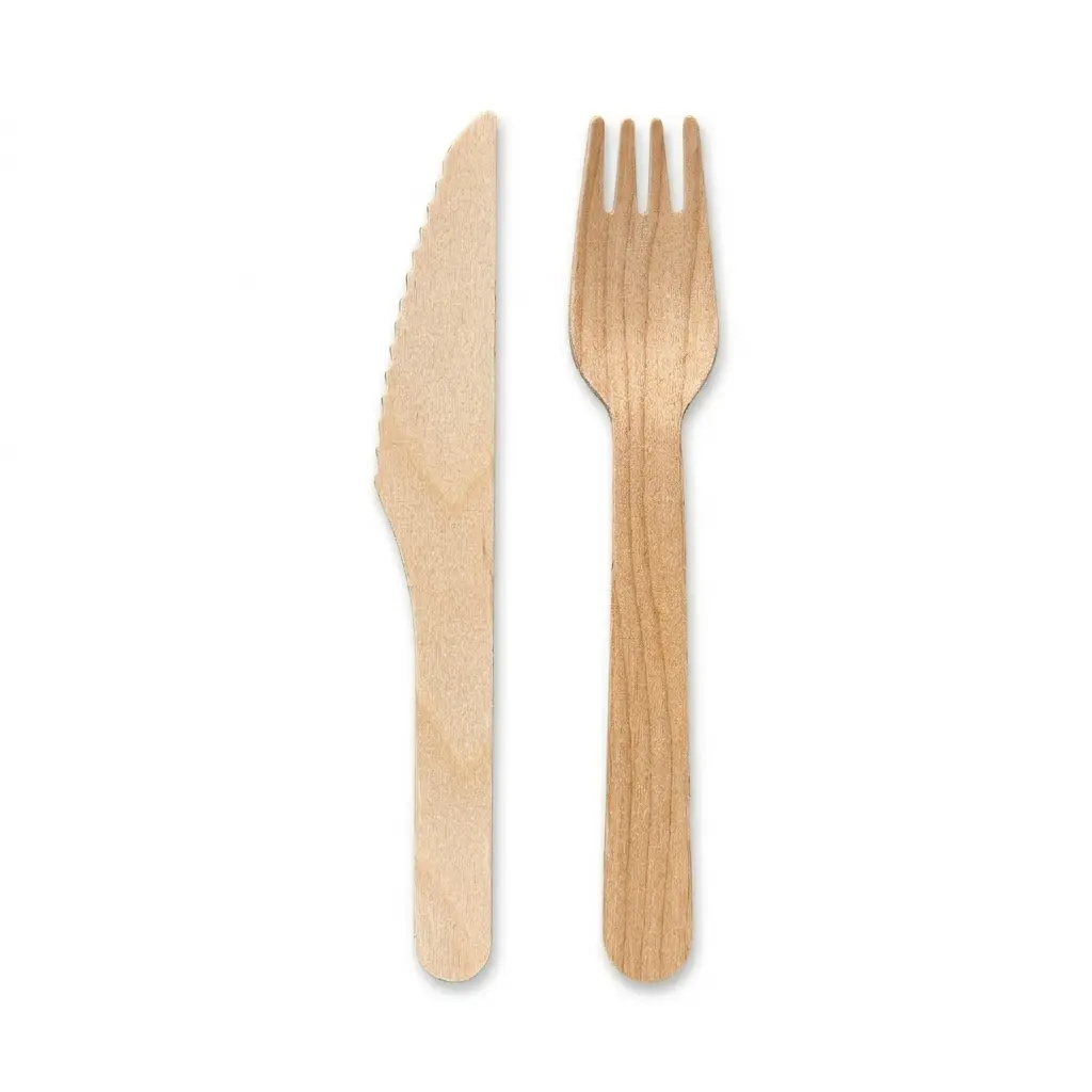 Set houten bestek + Wit servet 3/1 - 250 st