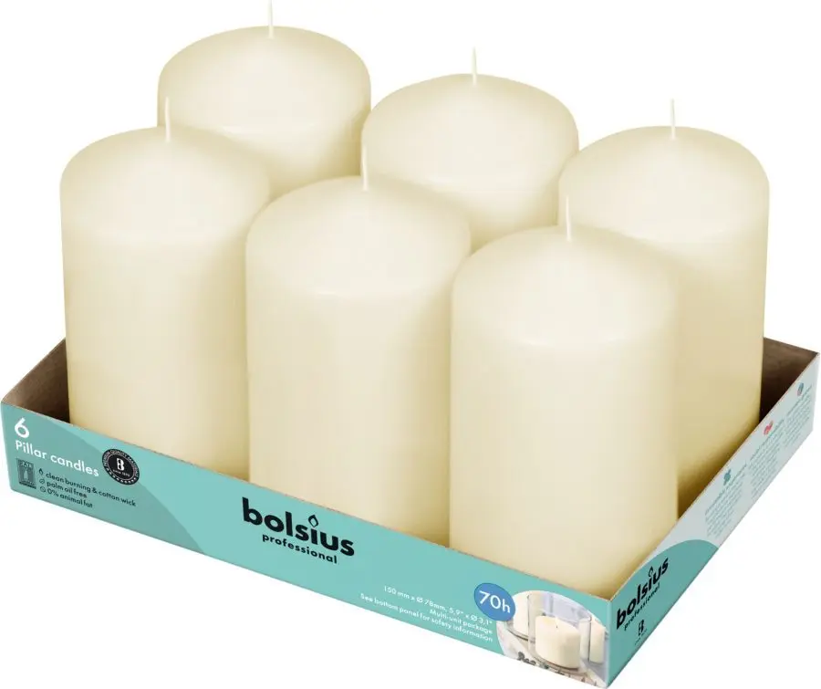 Bougies cylindres lisses Ivoire Bolsius 125h 250mm x 78mm 6PCS