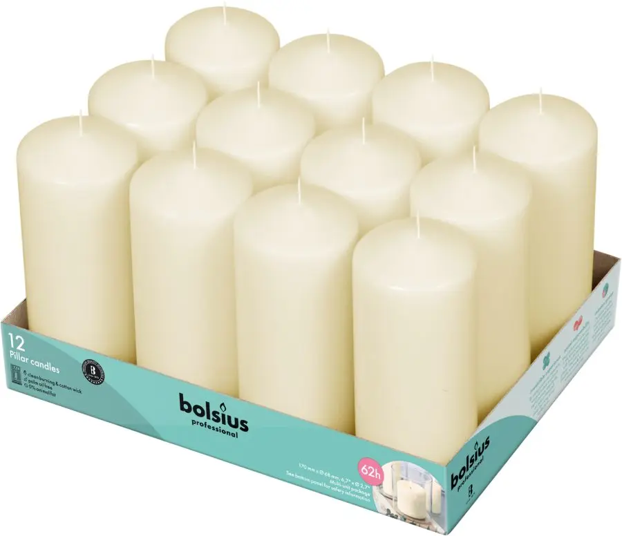 Bougies cylindres lisses Ivoire Bolsius 62h 170mm x 68mm 12PCS