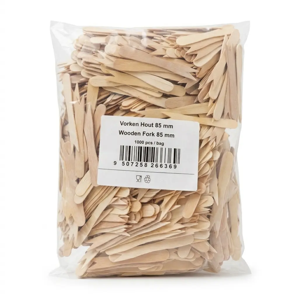 Wooden chip forks 85mm – Biodegradable – Carton of 10,000pcs (10×1000)
