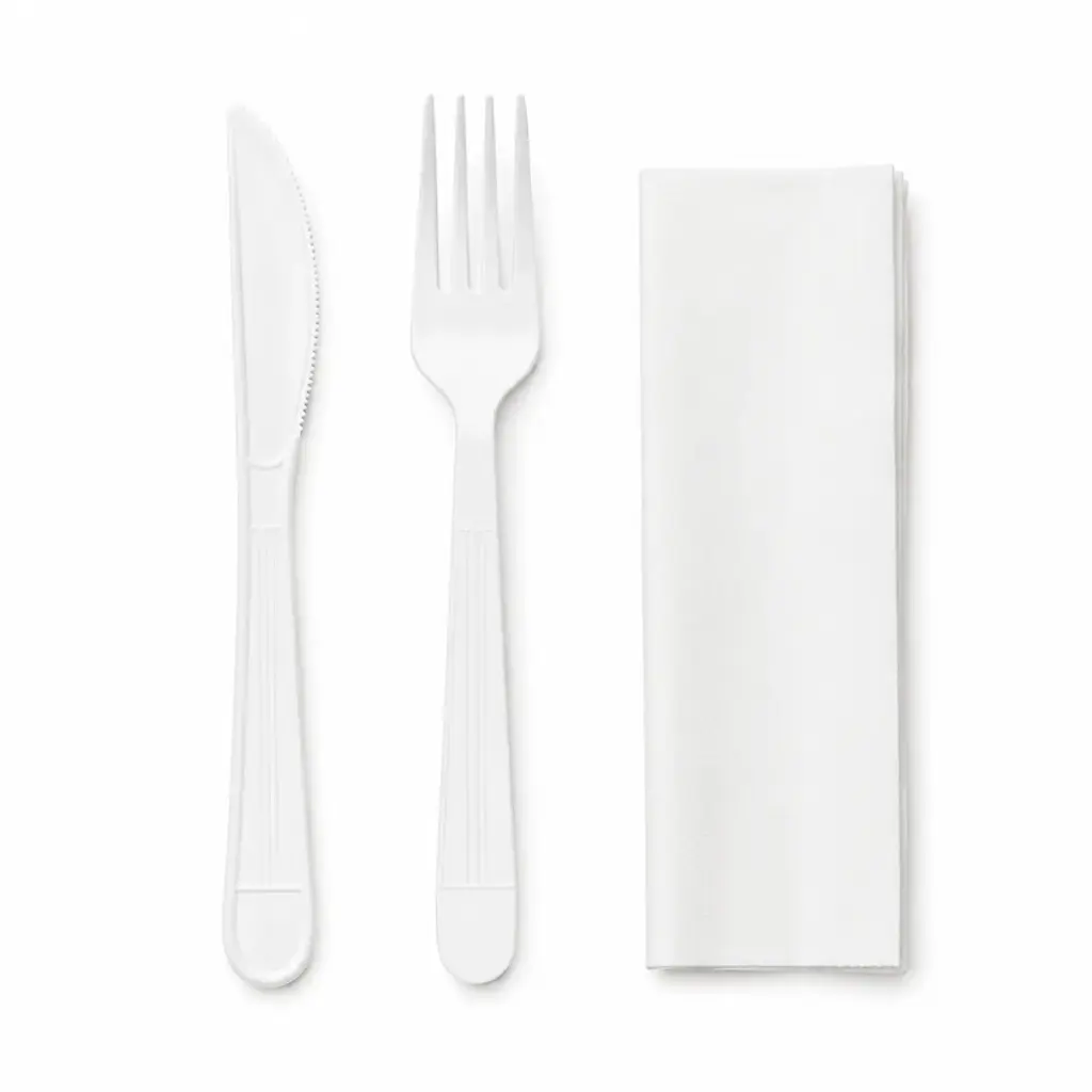Reusable white plastic cutlery set - fork + knife + napkin - 250 pcs