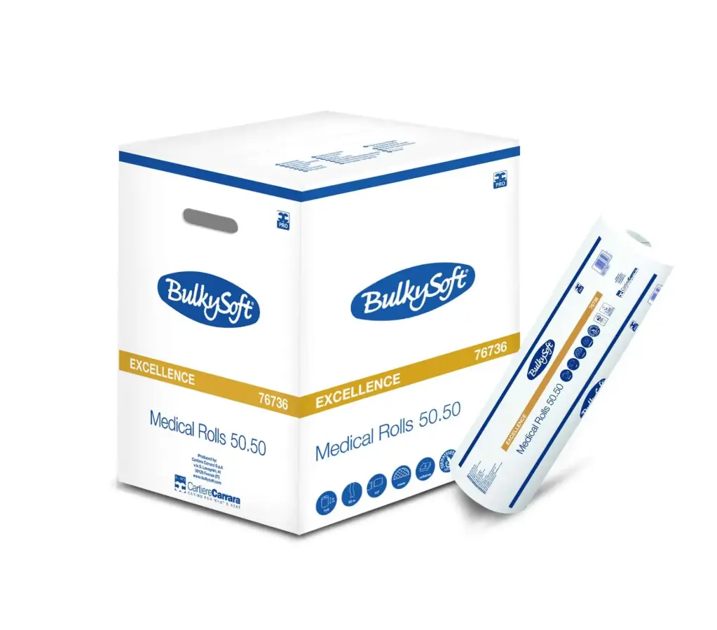 Papier table de massage (Drap d'examen) BulkySoft Excellence 2 Plis 50m - 9 Rouleaux - Pure ouate de cellulose 